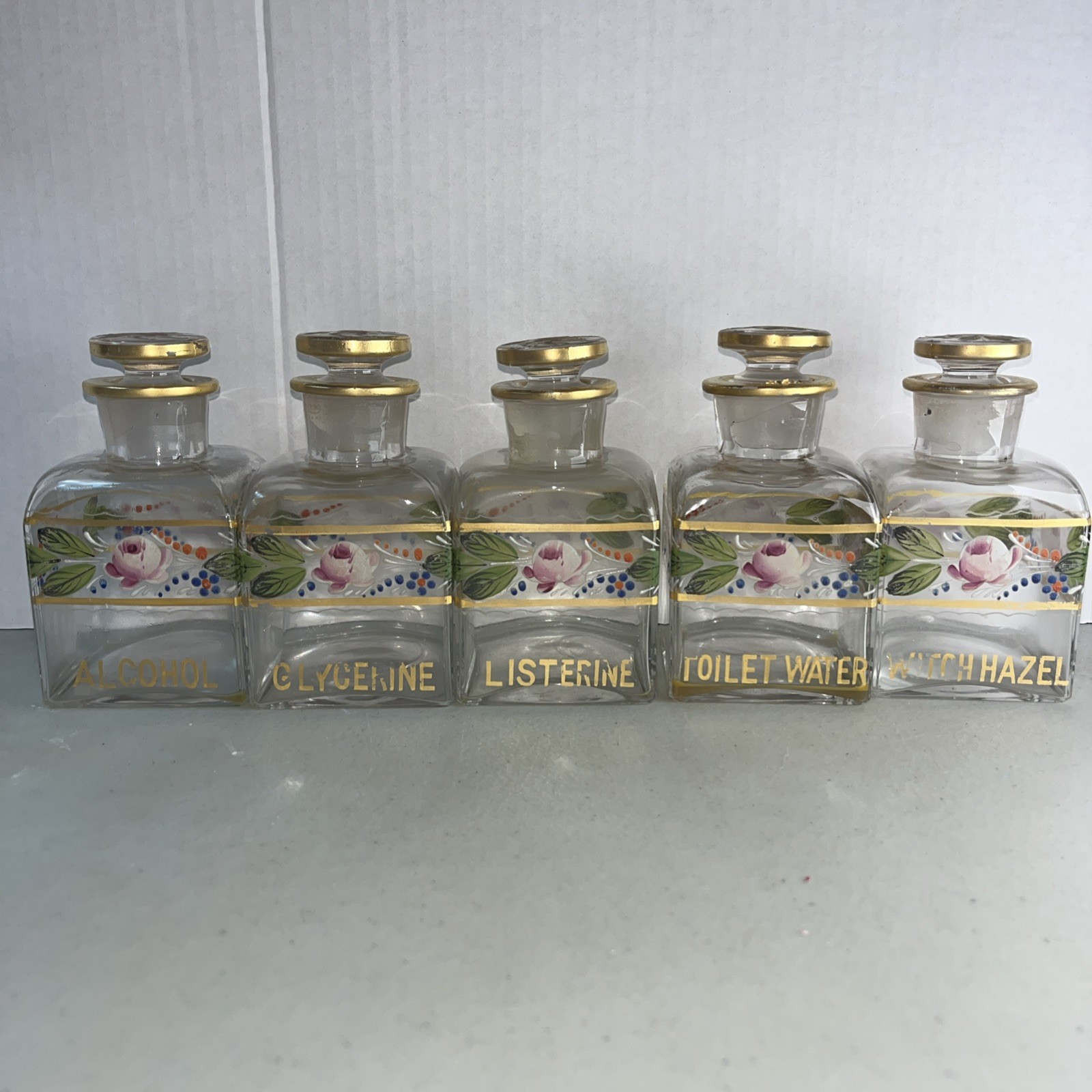 Antique Hand-Enameled Floral Pink Gold Gilded Glass Vanity Bottles Rare 5 Pieces