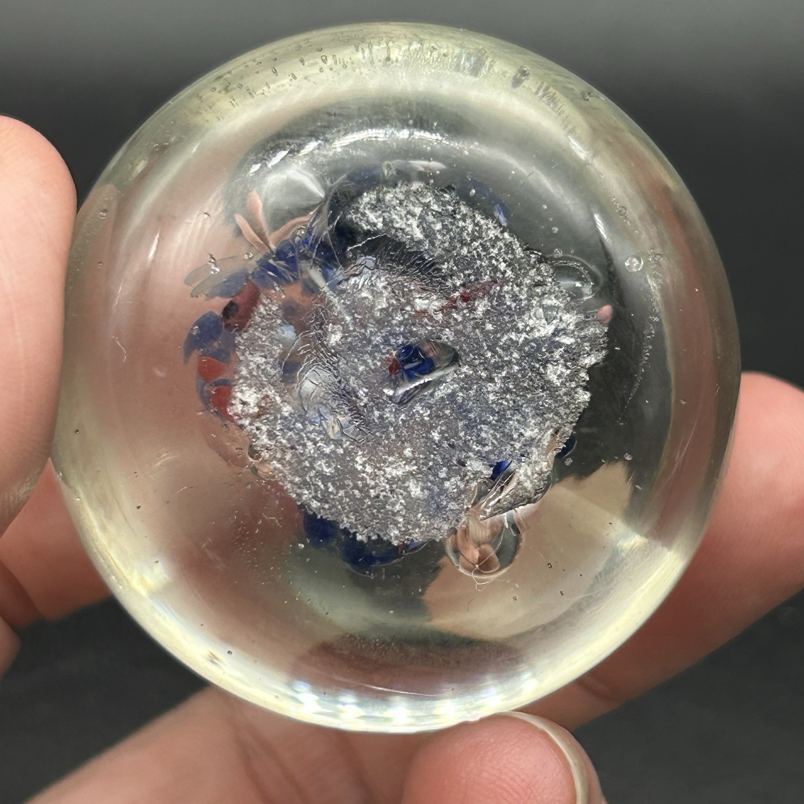 Vtg Small Art Glass Paperweight Clear Controlled Bubbles Blue Red Fleck 1 3/4”