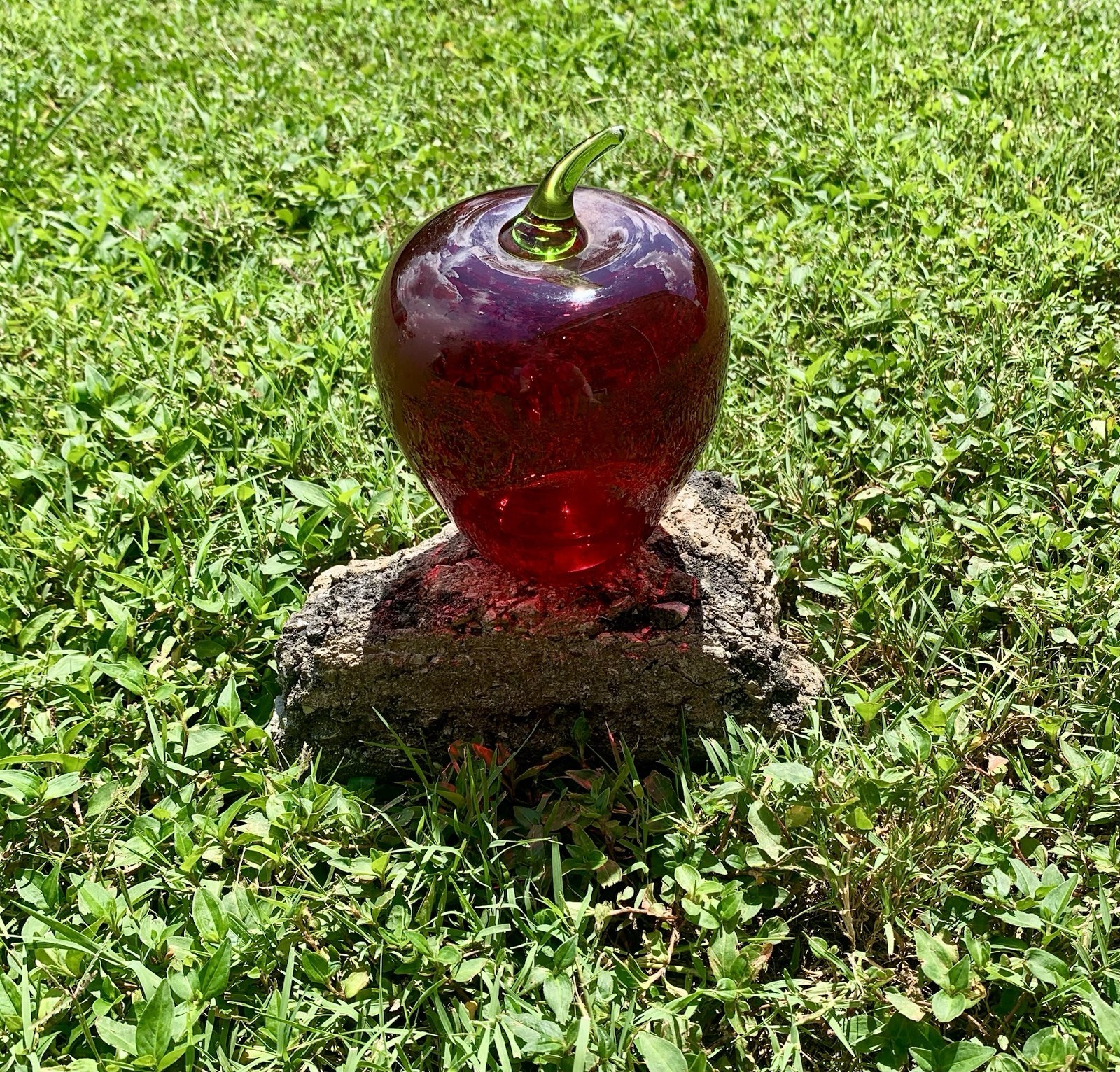 Vintage Viking Glass Green Stem Red Apple 7” Paperweight MCM