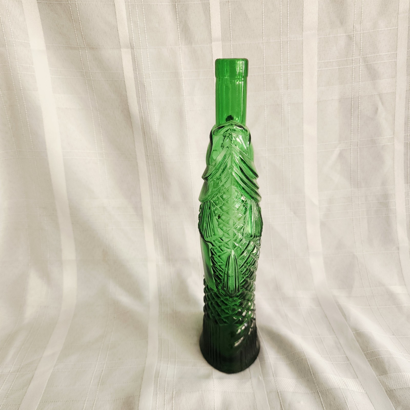 Vintage Green Glass Fish Shaped Wine Bottle Decanter Scales 13″ T F Mark