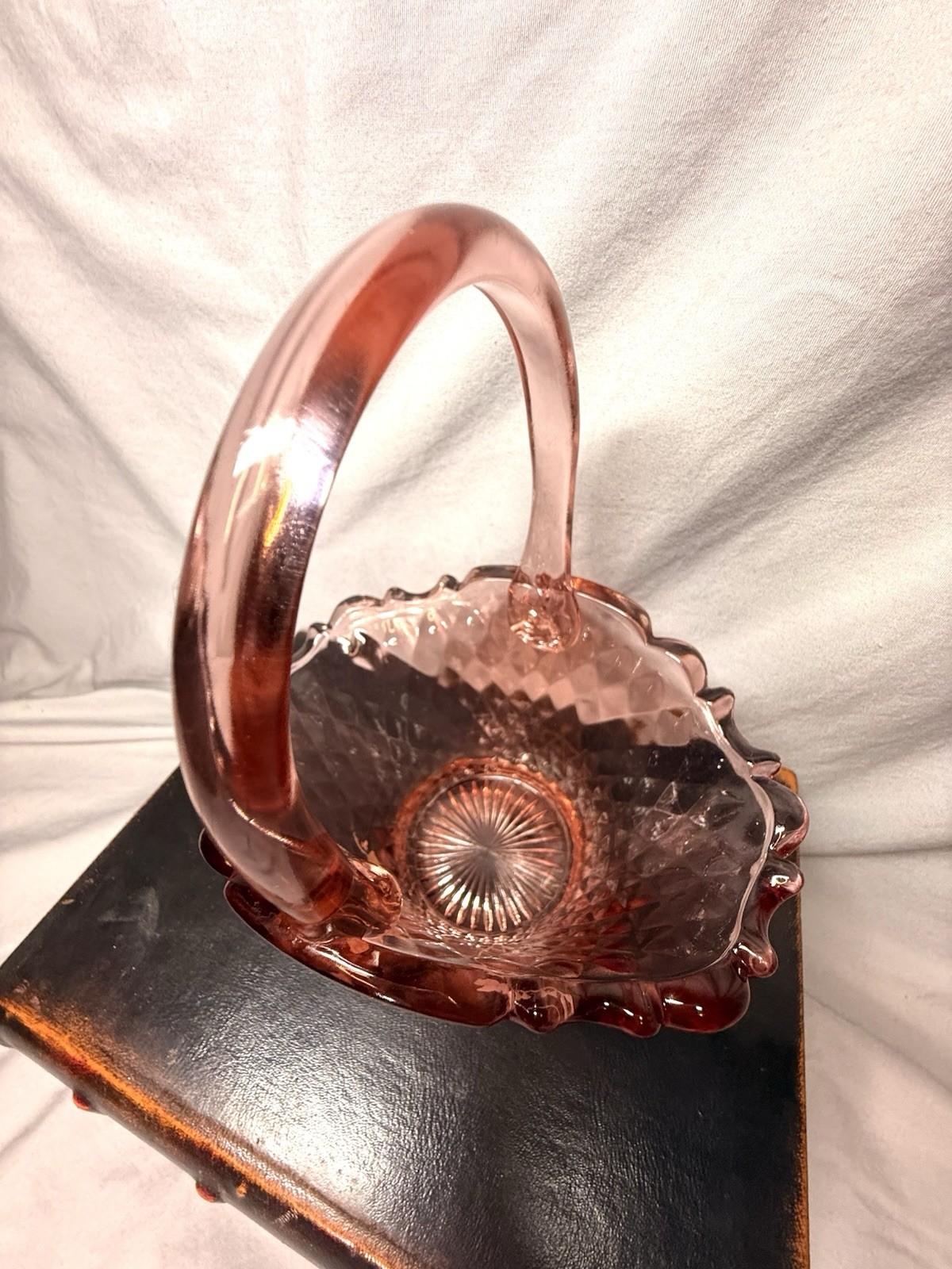 Vintage 1980’s Fenton Pink Diamond Glass Basket Hand Painted Butterfly Floral