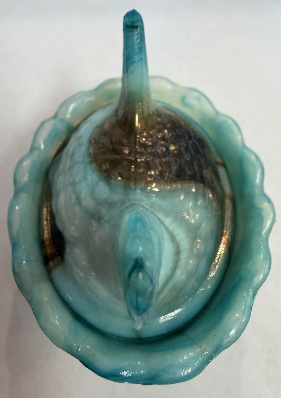 Boyd Glass Hen On Nest Salt Cellar Swirled Aruba Slag Aqua Bronze