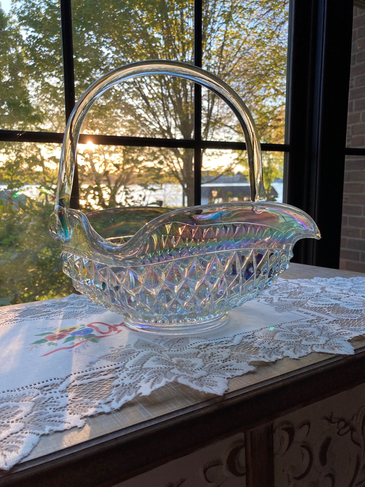 5 Dot Square Basket Indiana Glass Tiara Diamond Point Iridescent Handled
