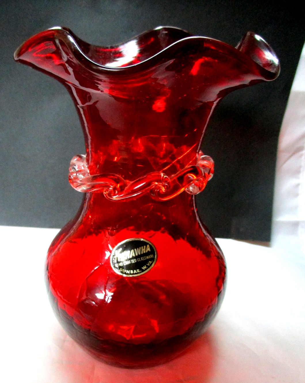 Kanawha Ruby Red Crackle Glass Vase with Applied Rigaree Scroll Decor w-sticker