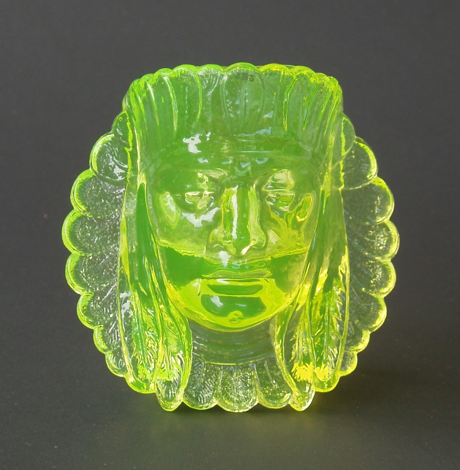 Boyd Uranium Glass Indian Chief Head Toothpick Holder Canary Yellow Transparent