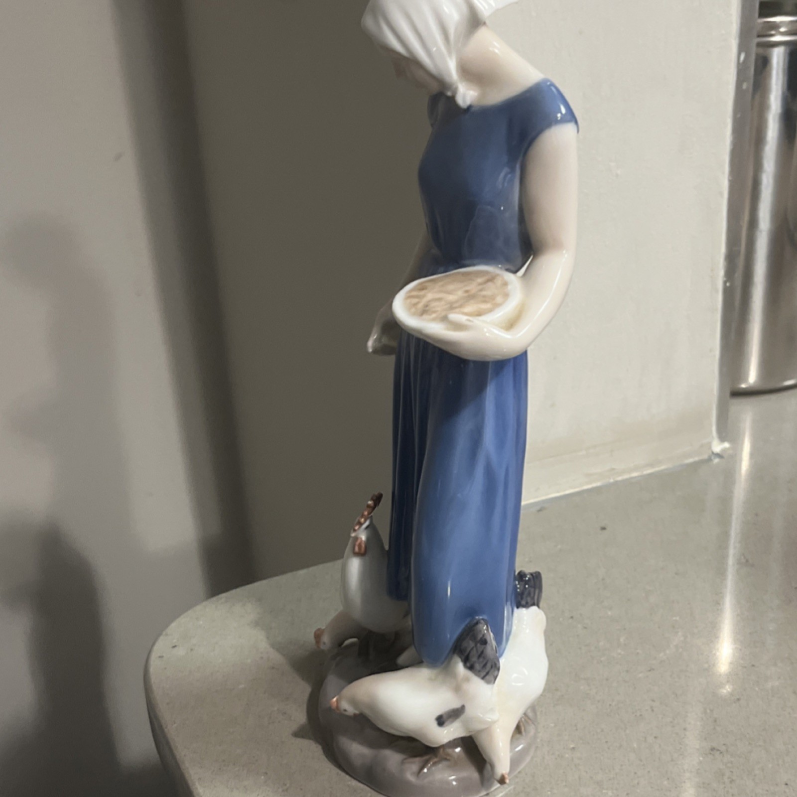 Bing & Grondahl Porcelain Woman with Chickens Figurine Blue White 2220 G