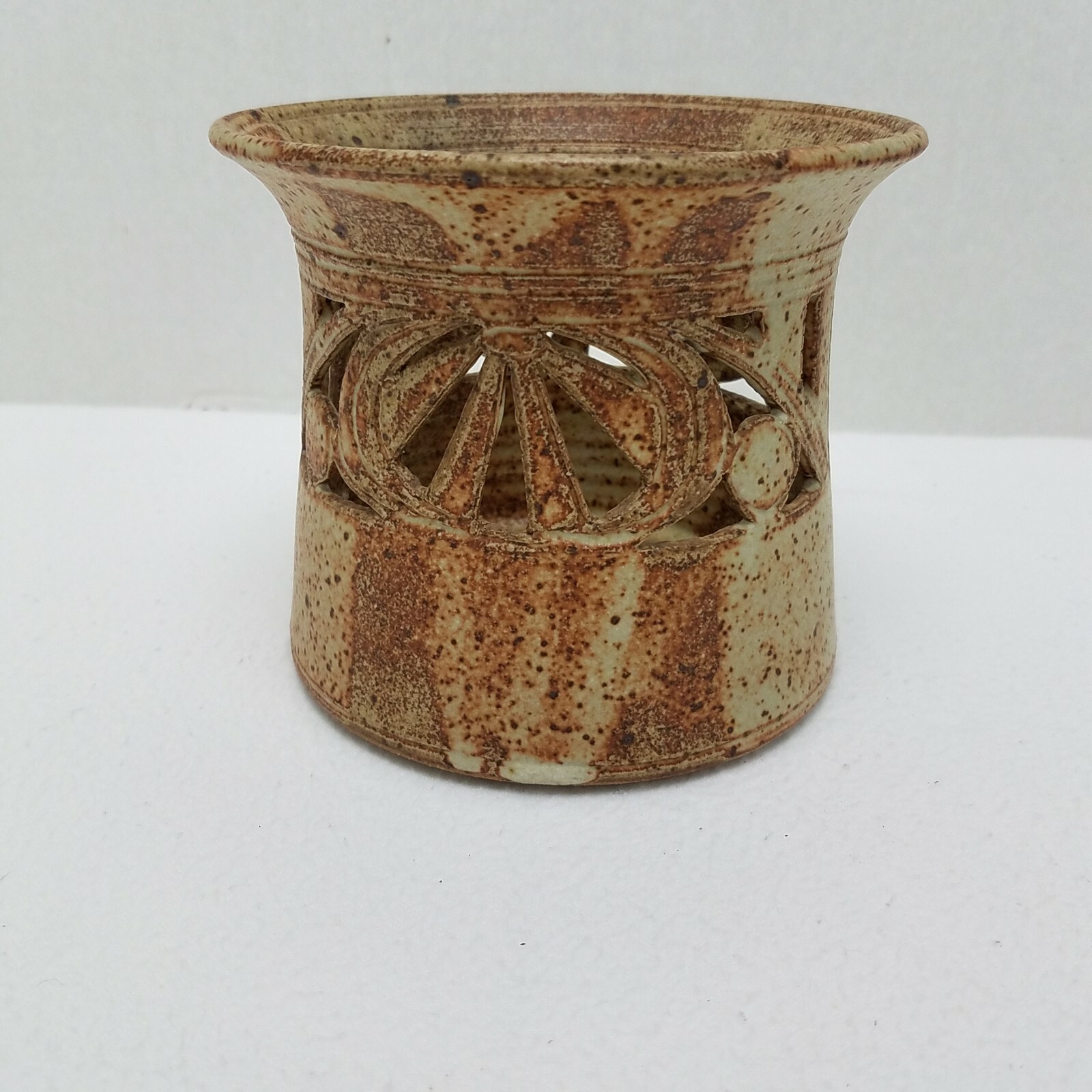 Hand Thrown Clay Pillar Candle Holder Latticed Fluted Glazed 5.25×4.5 PRIMATIVE