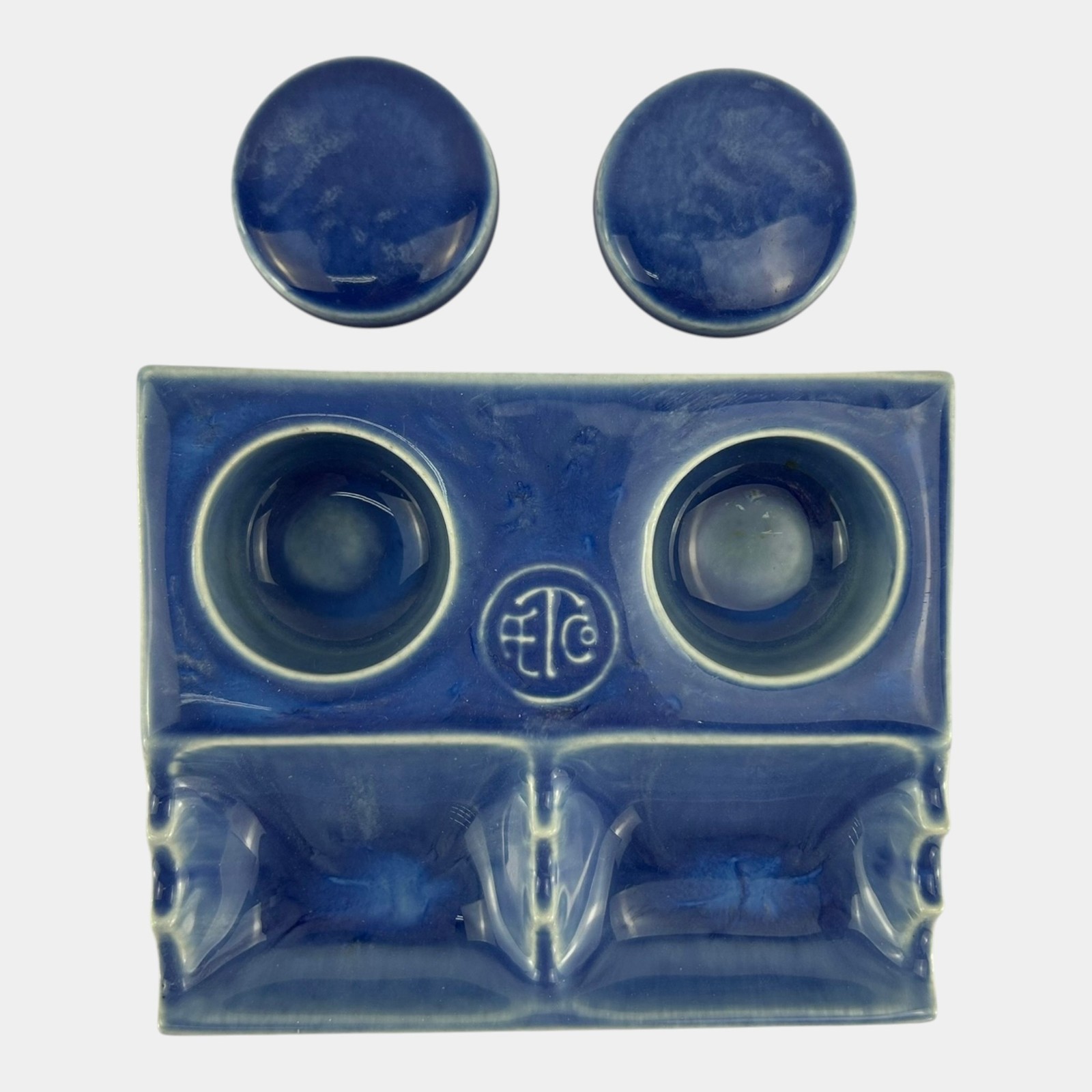 American Encaustic Tile Co AETCO Art Pottery Blue Advertising Ceramic Inkwell