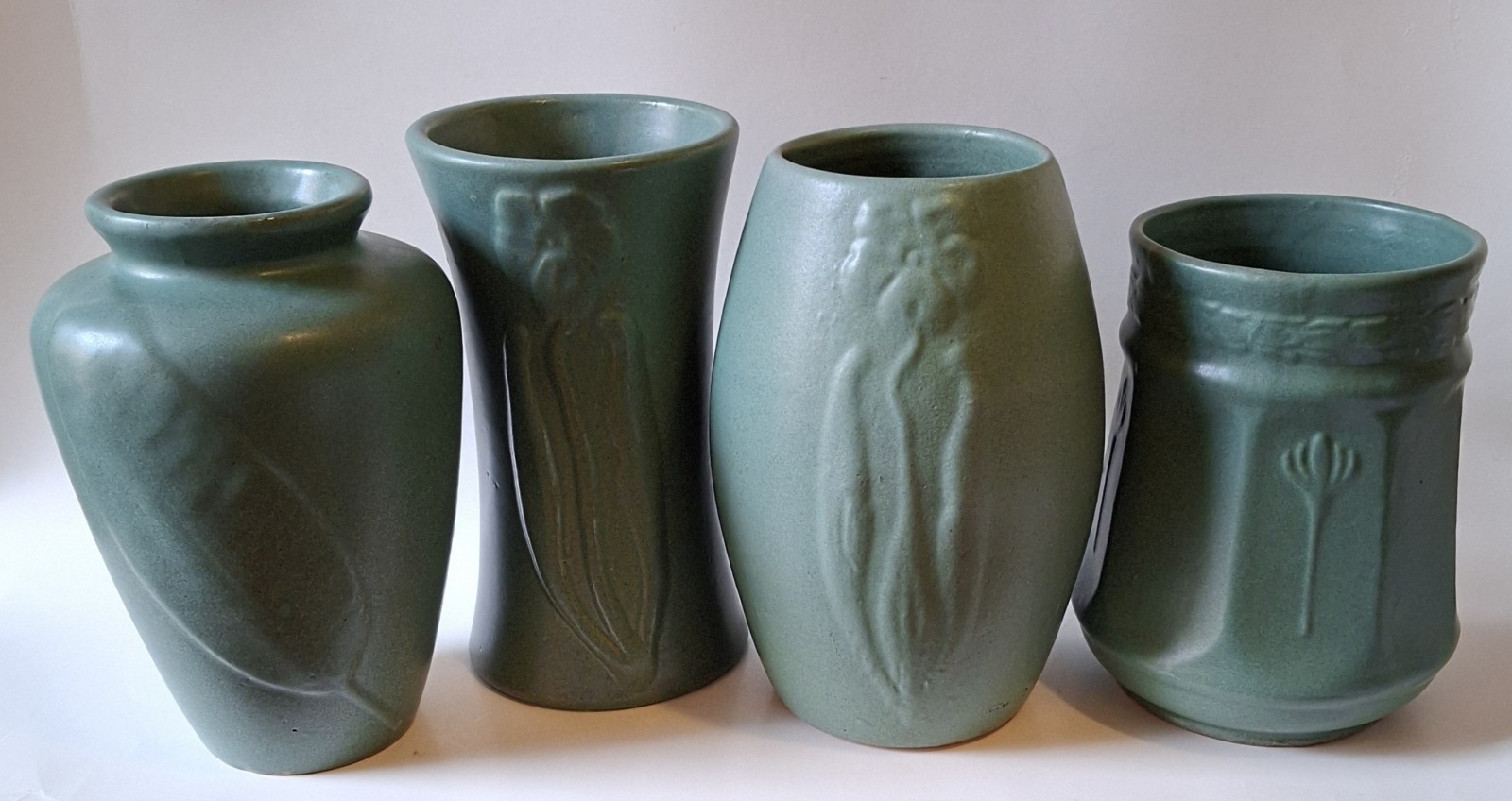 1920s Lot of 4 Arts & Crafts / Art Nouveau Zanesville Matte Green Pottery Vase