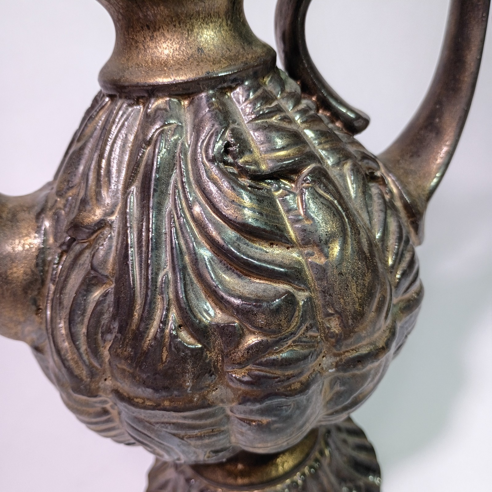 Studio Pottery Lidded Ewer Metallic Bronze Glaze Ornate Relief Art Pottery