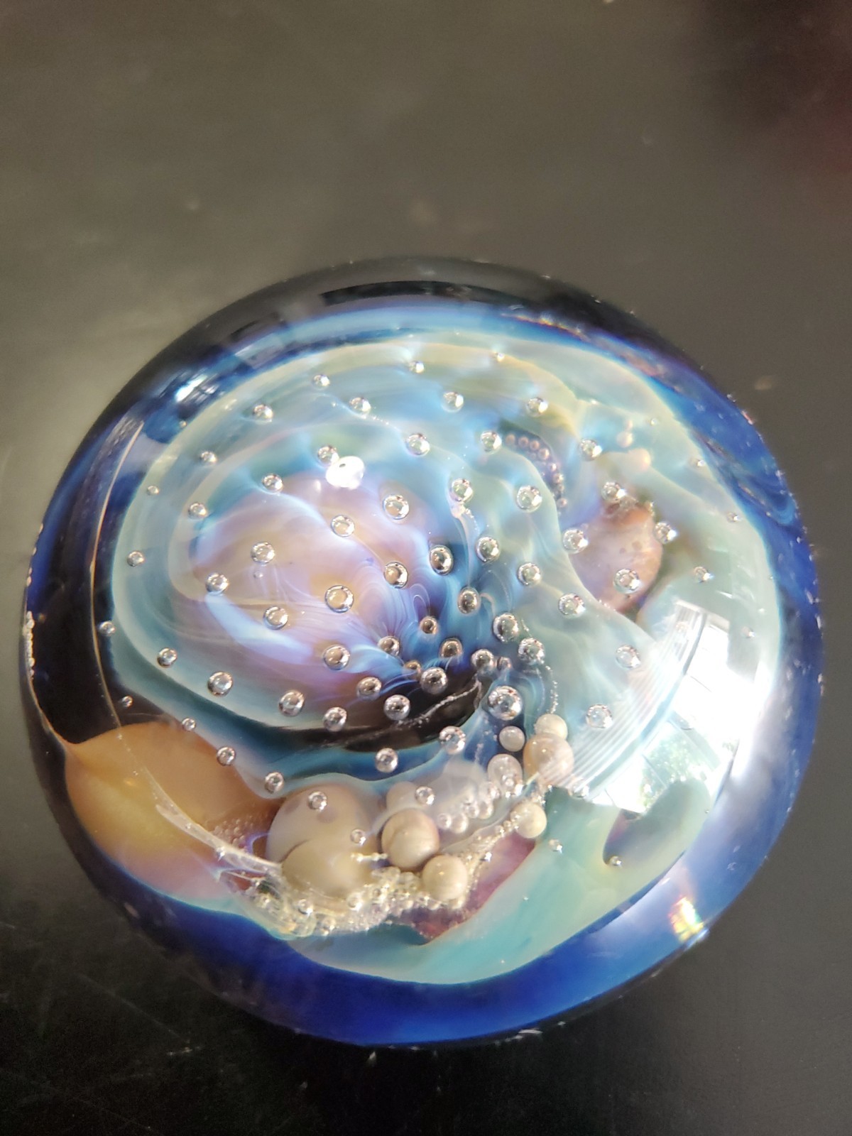 Vintage Seegers Fein Art Glass Small Blue Green Abstract Paperweight Signed 1993