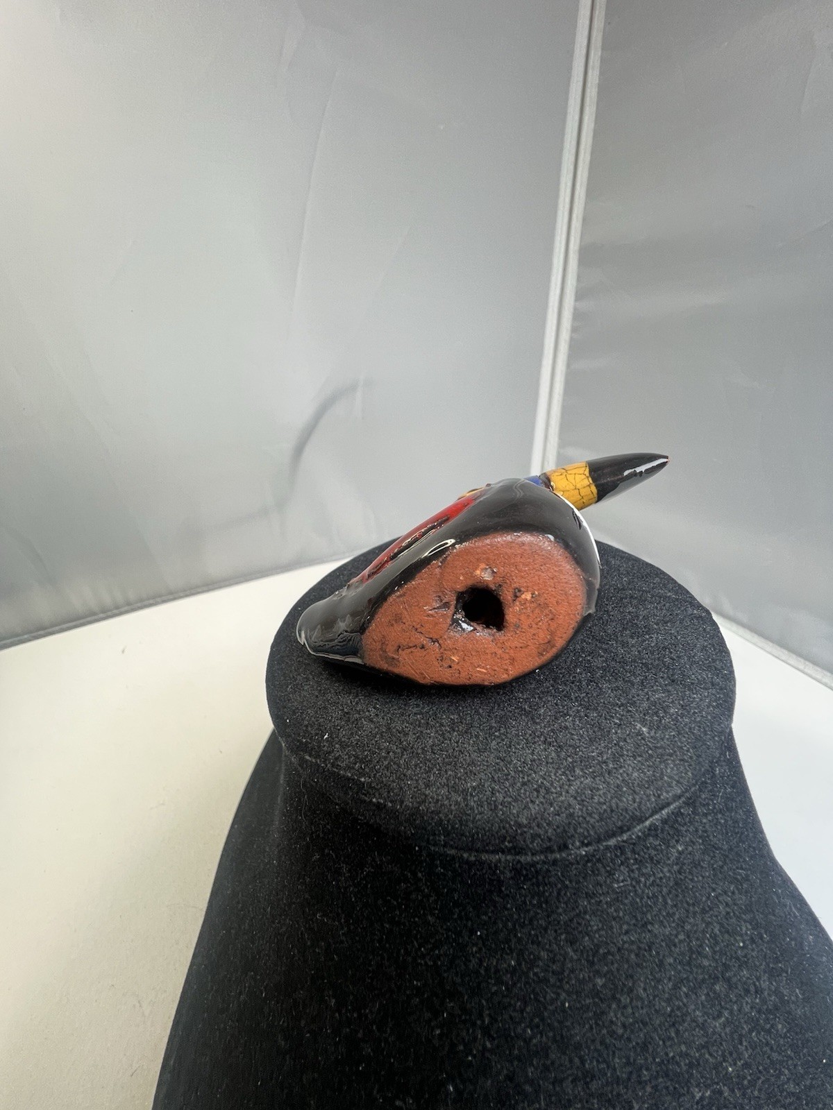 Vintage Glazed Redware Pottery Colorful Toucan Bird Figurine Crackle Finish
