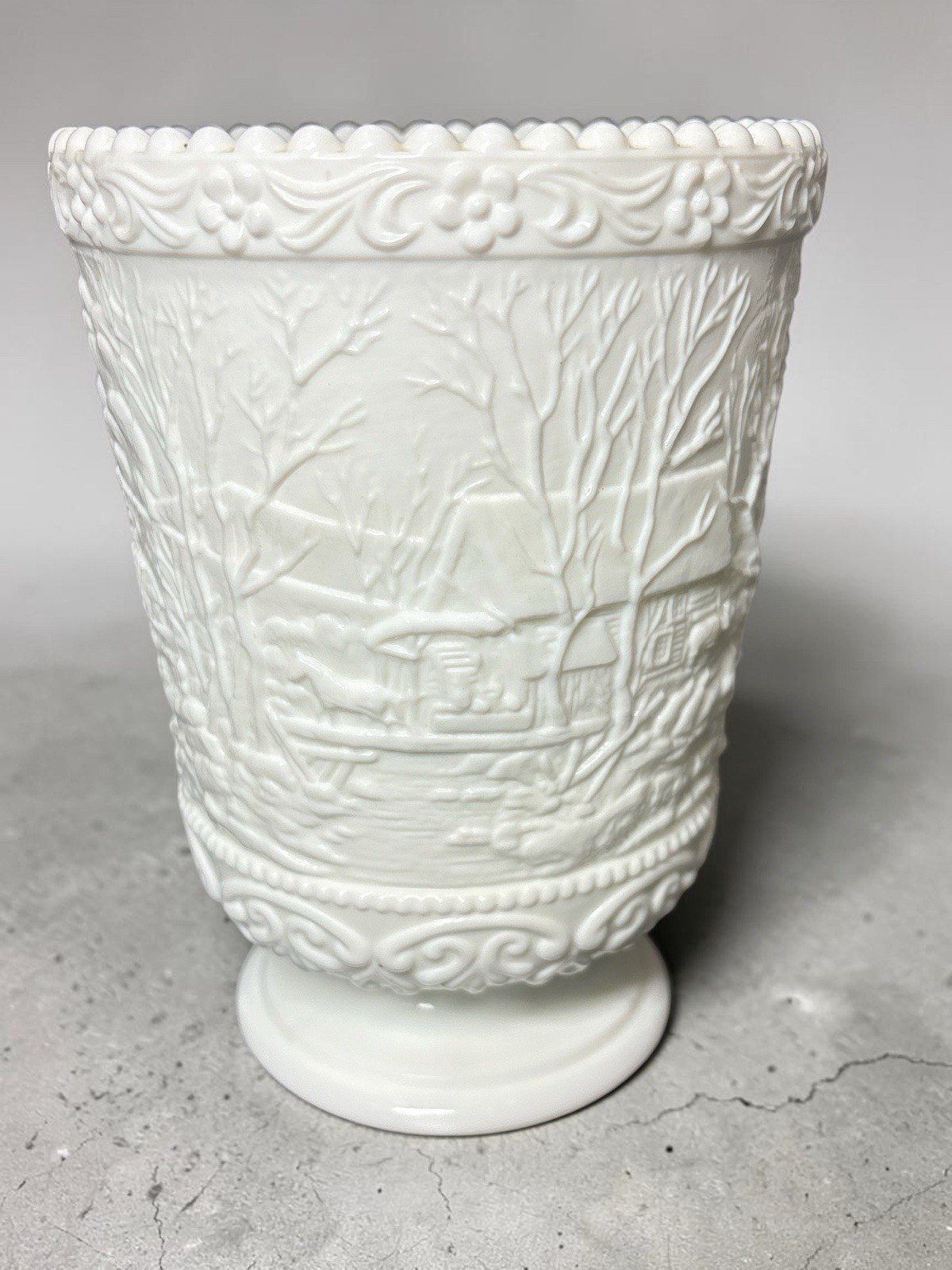 Vintage Fenton Milk Glass Winter Scene Footed Vase Hobnail Beaded Edge 6″ tall