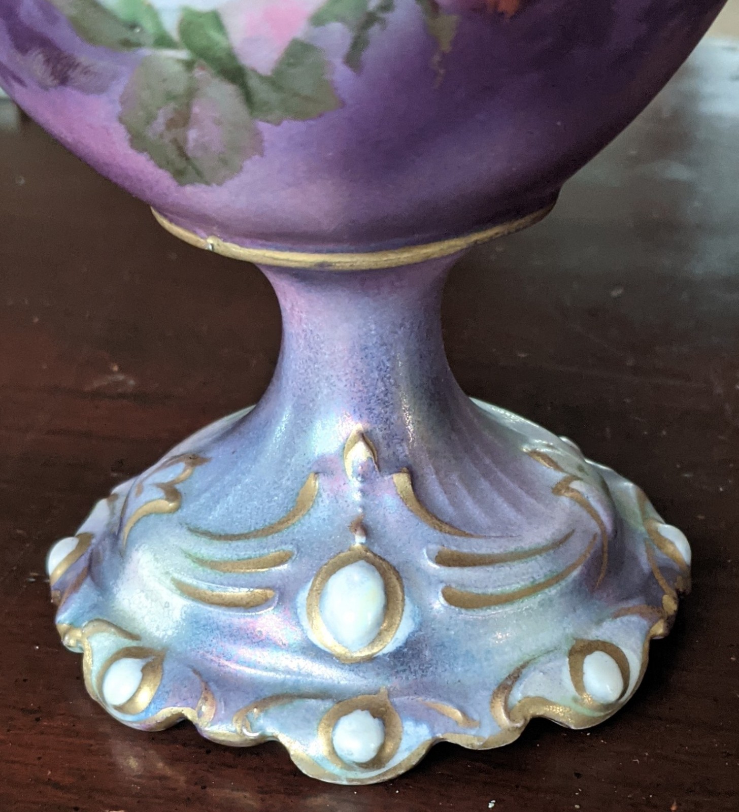 19thC RS Prussia Dbl Handled Jewel Mold Vase Roses Iridescent Finish 10″