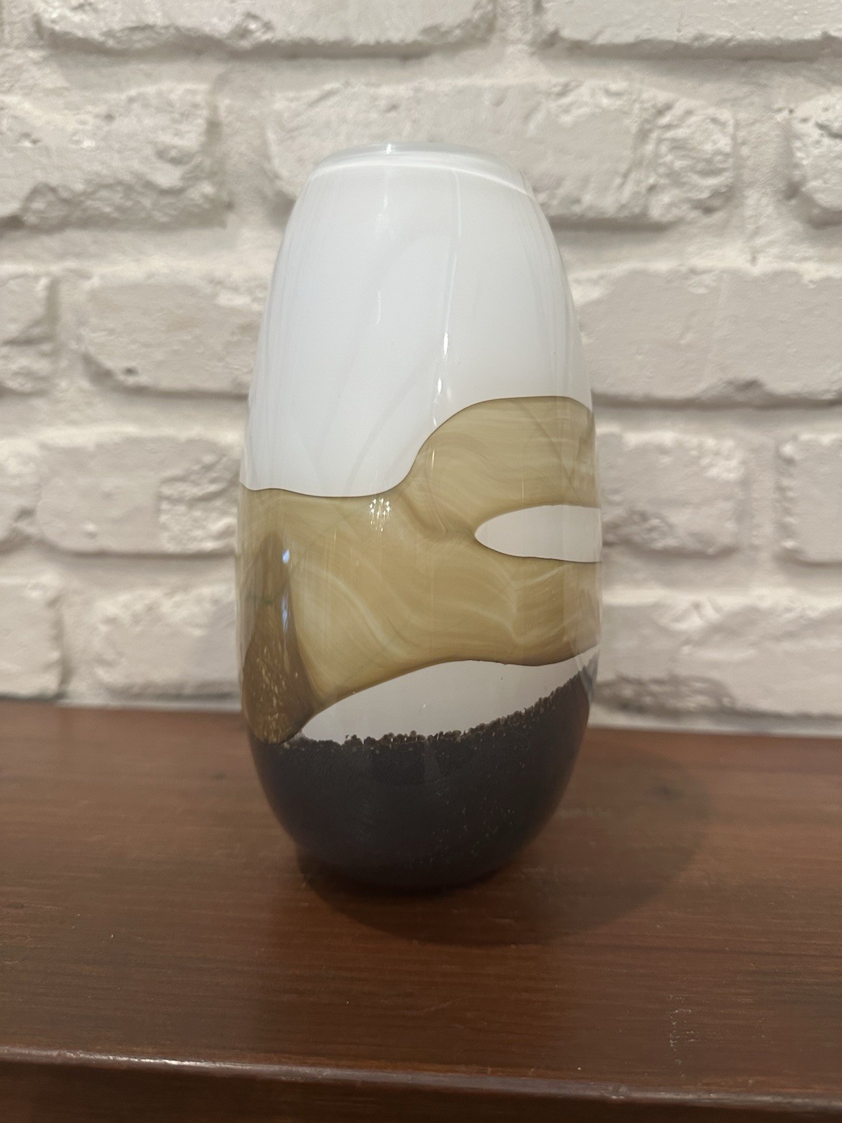 Hand Blown “Raw Nature” Glass Vase White Grey & Brown Abstract Banded Pattern