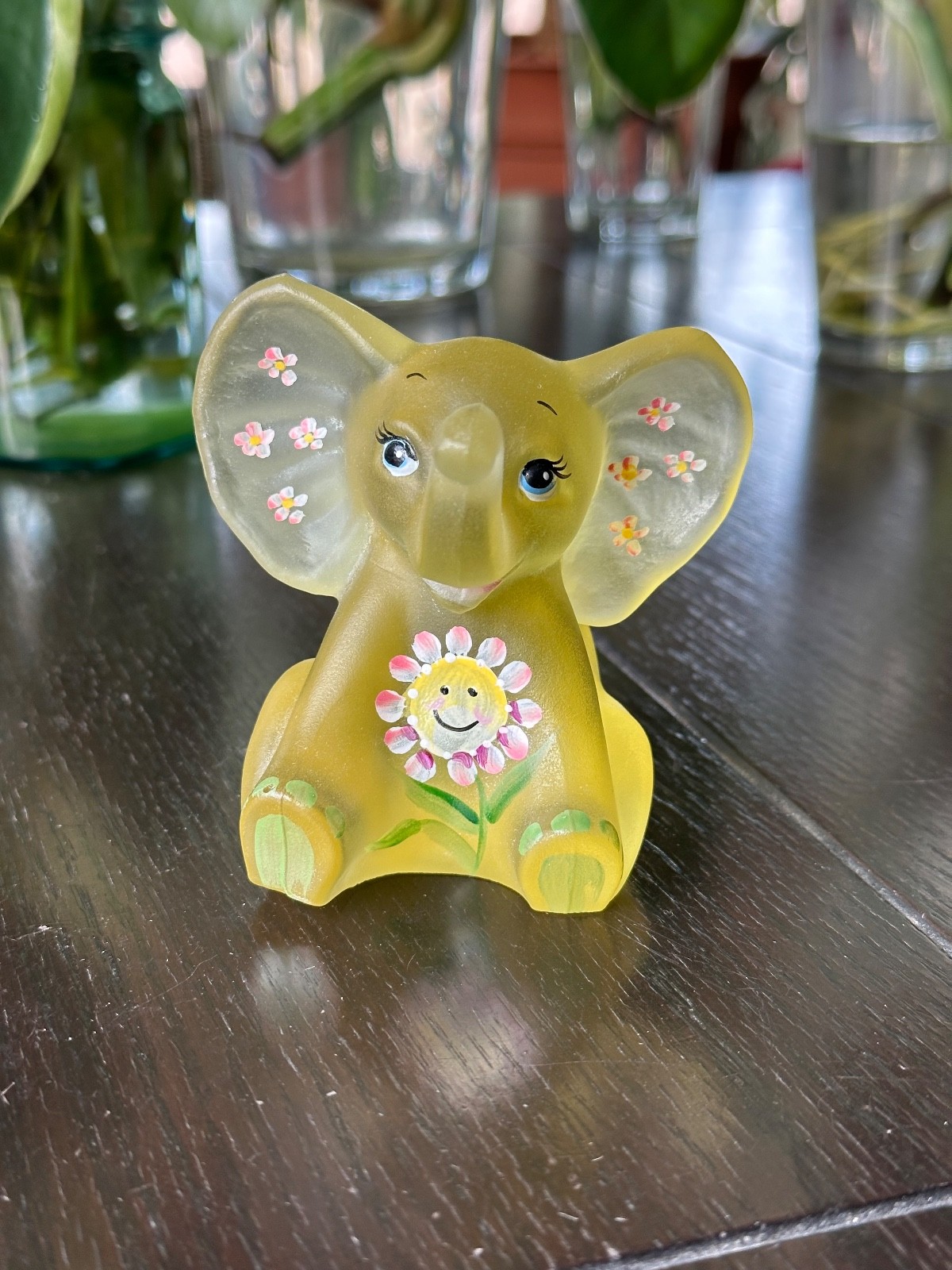 Vintage Fenton Yellow Glass Elephant Hand Painted & Signed