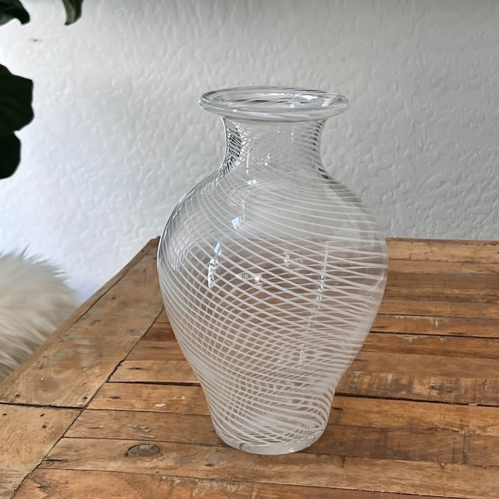 Hand Blown Italian Mezza Filigrana Murano Glass Vase 10.5″ Tall MCM Minimalist