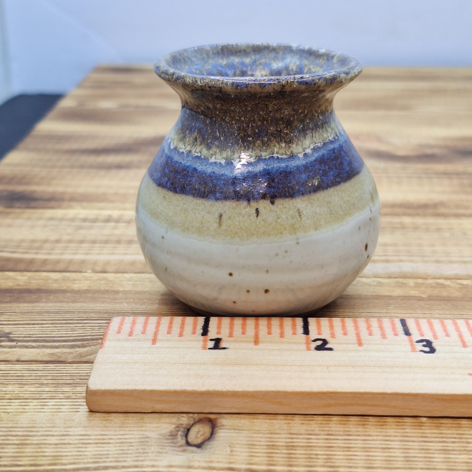 Art Pottery Drip Glaze Mini Bud Vase Purple Blue Brown 3″ Tall Stoneware