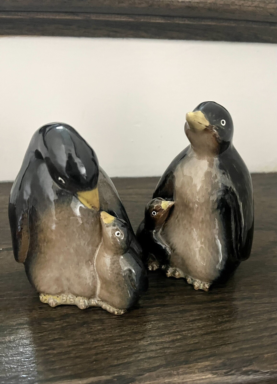 Vintage Penguin Family Glazed Pottery Figurines Arctic Birds Figures Pair Blue