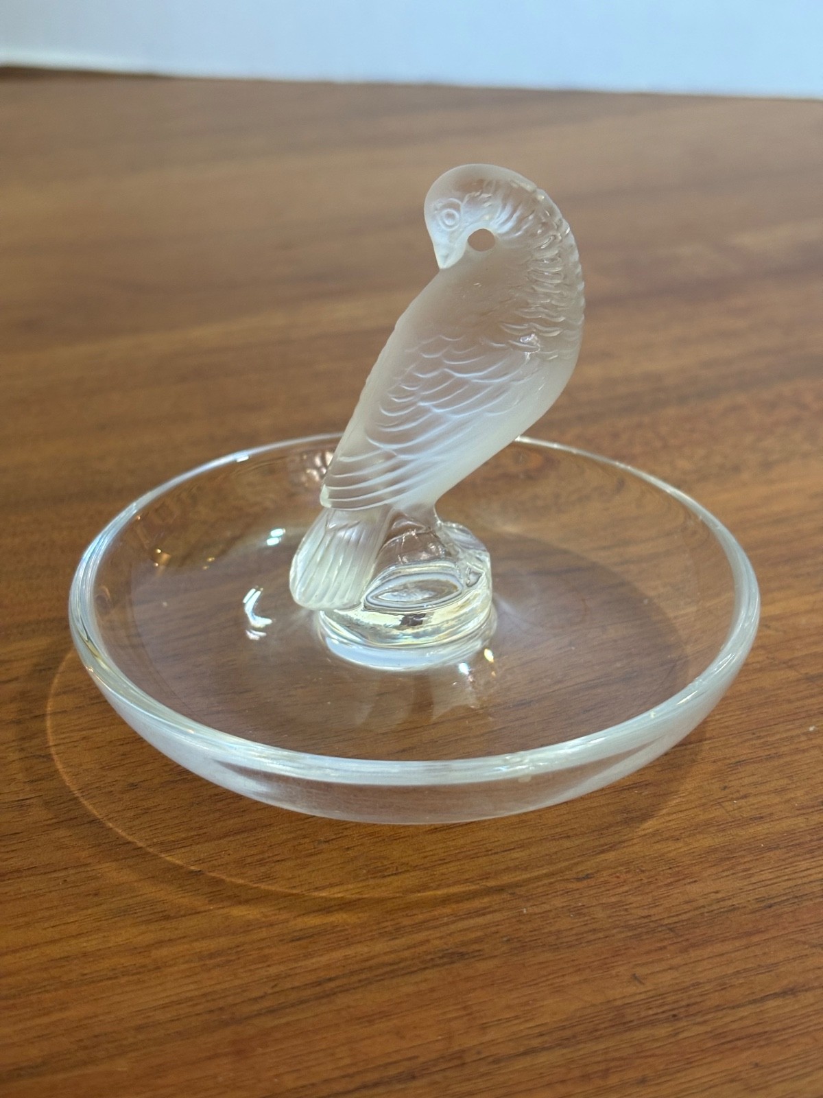 Lalique France Crystal Turtle Dove Bird Frosted Ring Trinket Dresser Signed Dish
