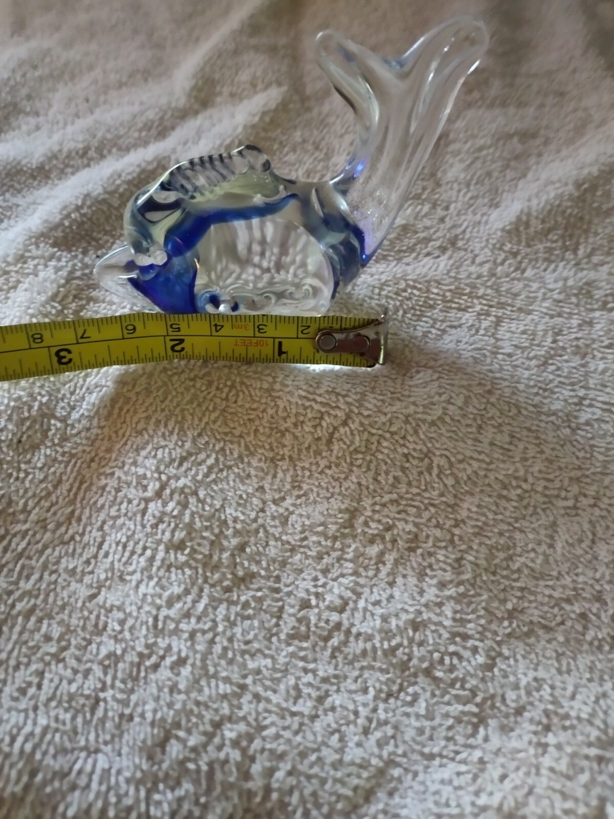 Hand Made Blown Glass Clear And Blue Fish Figurine