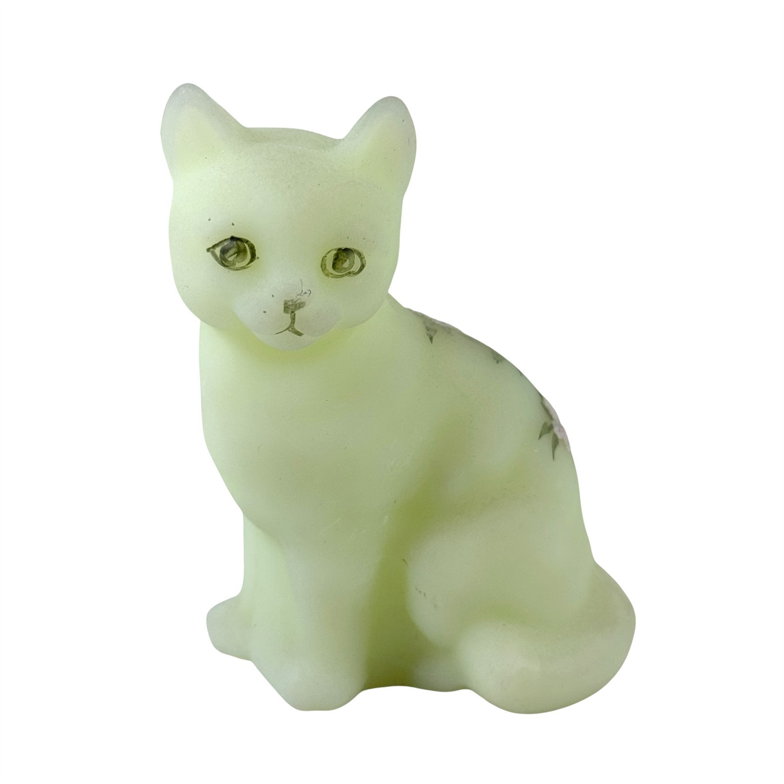 Fenton Sitting Cat Kitten Satin Custard Glass Uranium Hand Painted Vintage 1970s