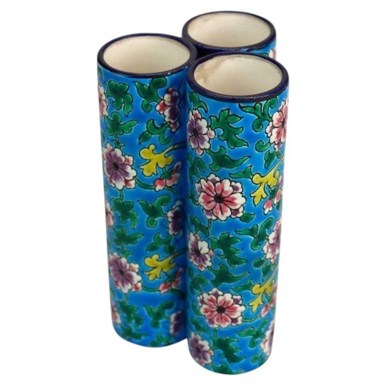 French Longwy Pottery Floral Decorated Triple Bud Vase, Signed, C1900
