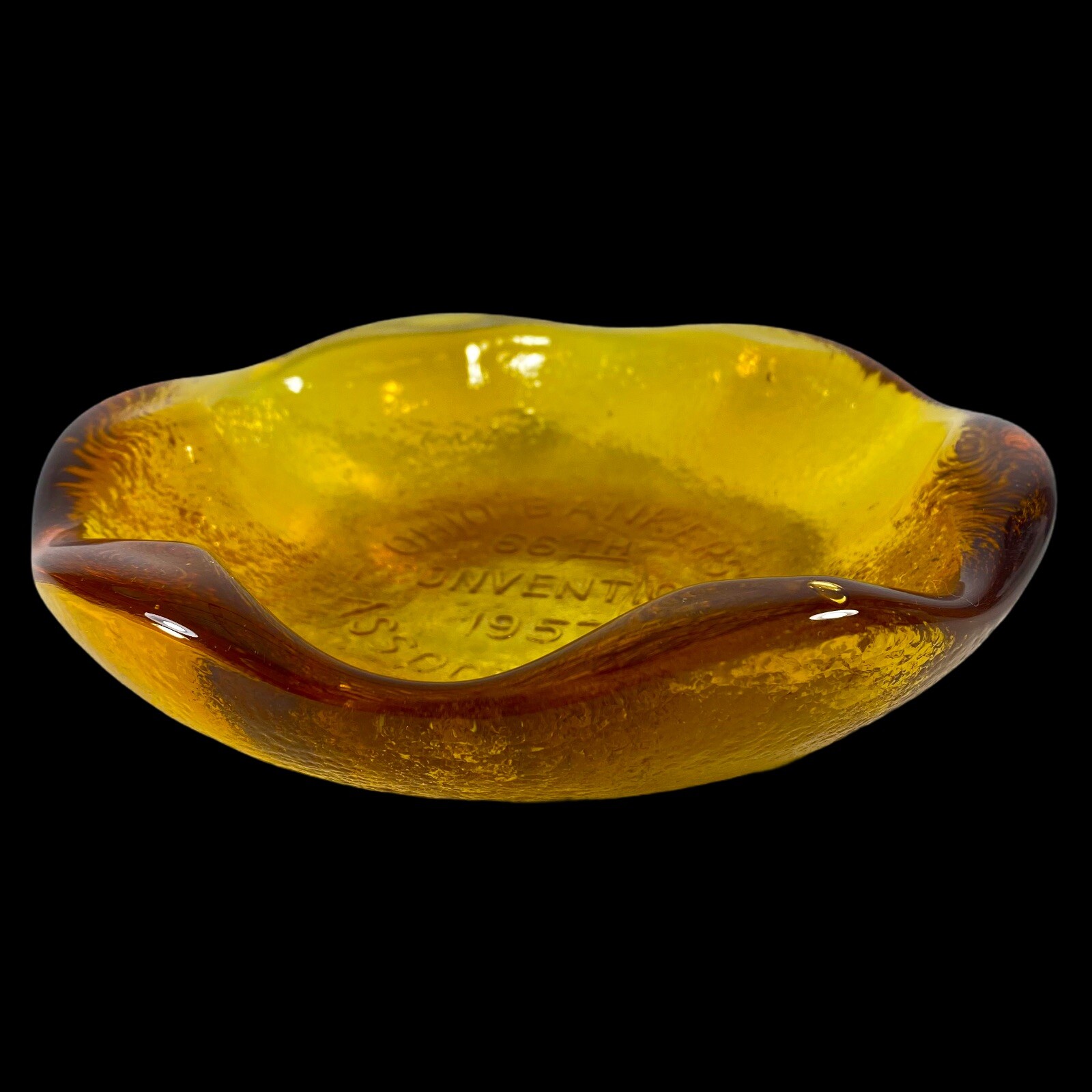 Vintage Art Glass Paperweight Bowl Ashtray Ohio Bankers 7”D 1”T 1957 Associates