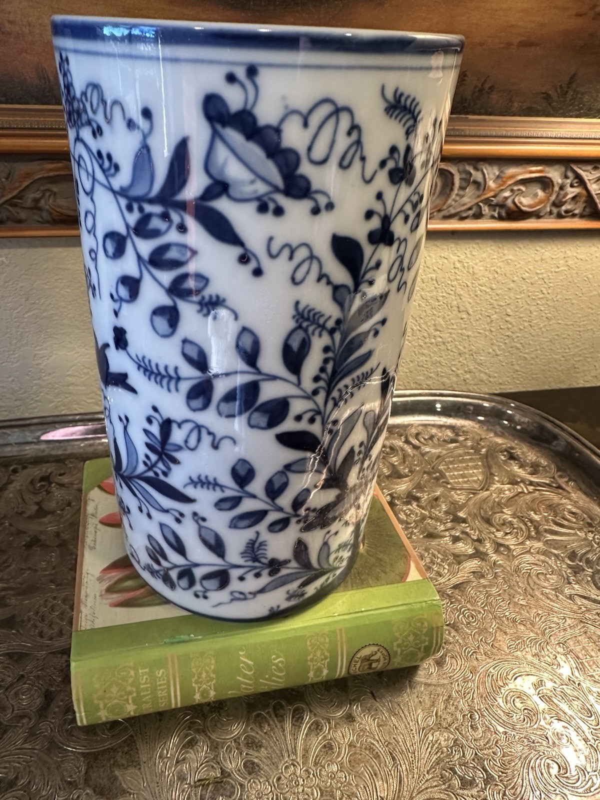 19th Century-Cylindrical 8”H Vase-MEISSEN-Blue & White-Birds/Leaves-Gilding-RARE