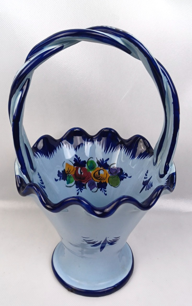 Vintage Portugal Handpainted Floral Handled Ceramic Basket Home decor