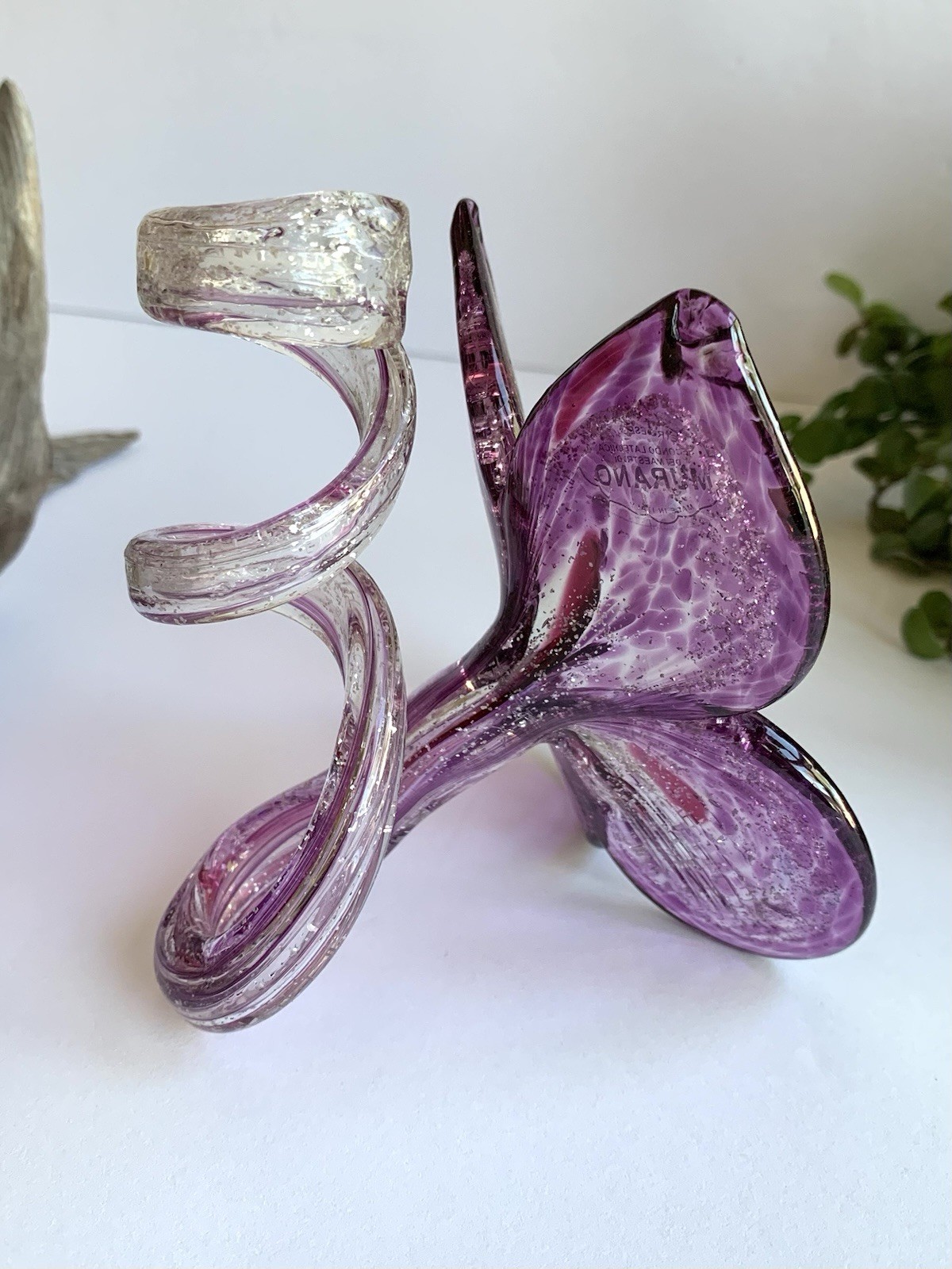 Vintage Murano Italy Handblown Art Glass Purple Pink Flower Glitter Petal Twist