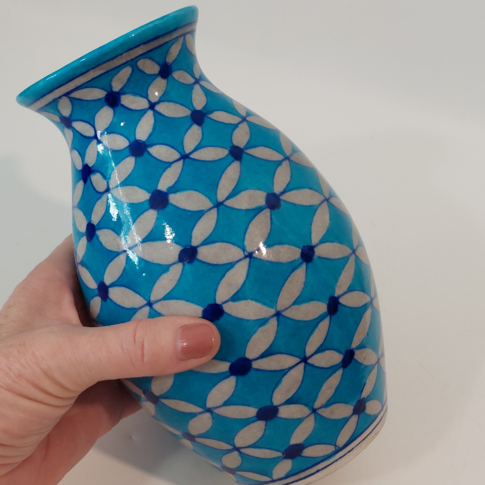 Signed Jaipur India Blue Pottery Hand Painted Geometric Art Vase 7″ Rajasthan
