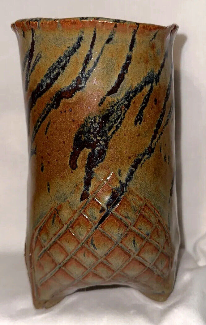 Earth Tones Stoneware Studio Pottery Drip Glaze 7″ Vase Signed Ceramic Deco Gift