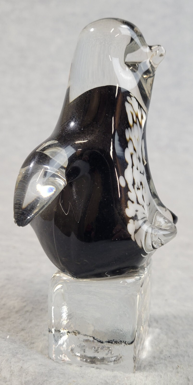 Joe Rice 2011 Penguin On Ice Cube Paperweight Art Glass 5 1/2″ Black/White/Clear