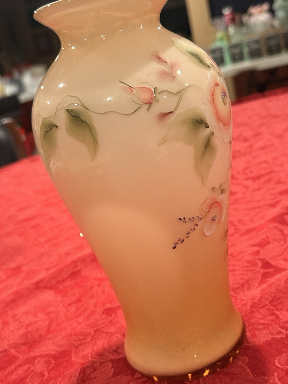 Fenton Satin Sunset Overlay Hand Painted “Princess Roses” Vase Signed Ex Cond