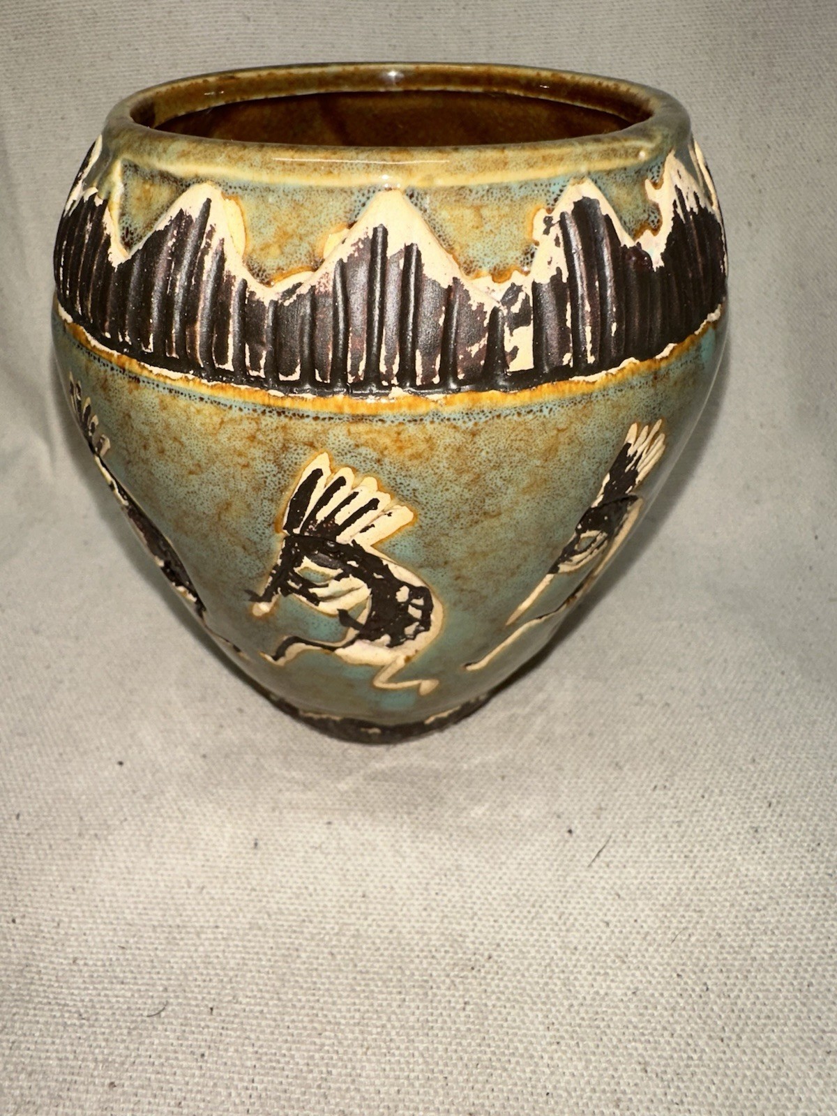 Native American Kokopelli Painted Pot Vase Glazed Small Brown Green Gold Vintage