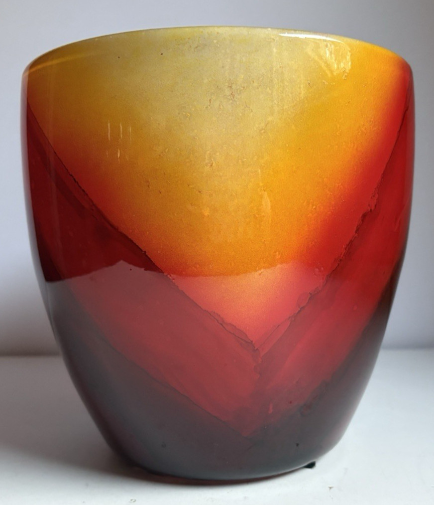 Glass Vase in Red, Black & Yellow, &” tall & wide Beautiful