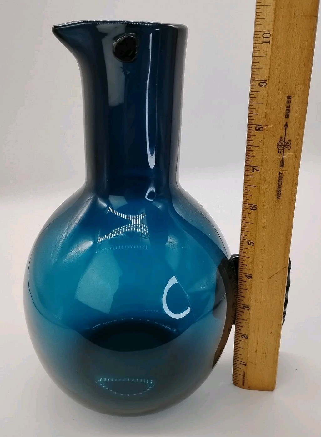 Vintage MCM Inspired Blue Bird Glass Vase Pitcher 10.5 X 8.25 X 6