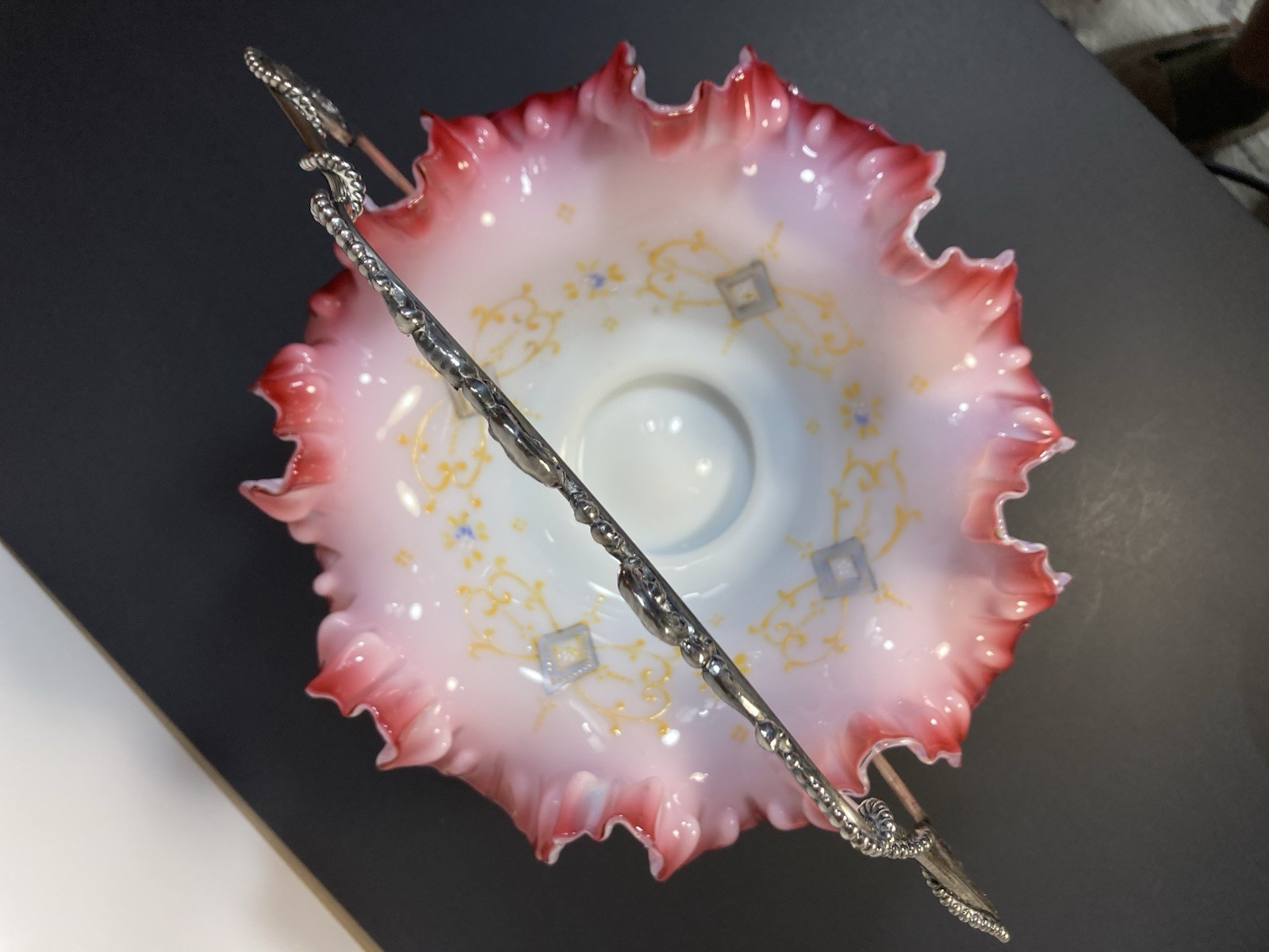 Antique Victorian Enameled Glass Ruffled Brides Basket/Bowl On Silverplate Frame