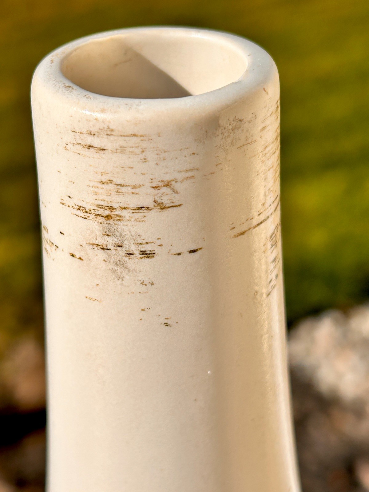 McCoy Pottery Genie Bottle Bud Vase Matte White Brushed Gold USA Approx 8”H