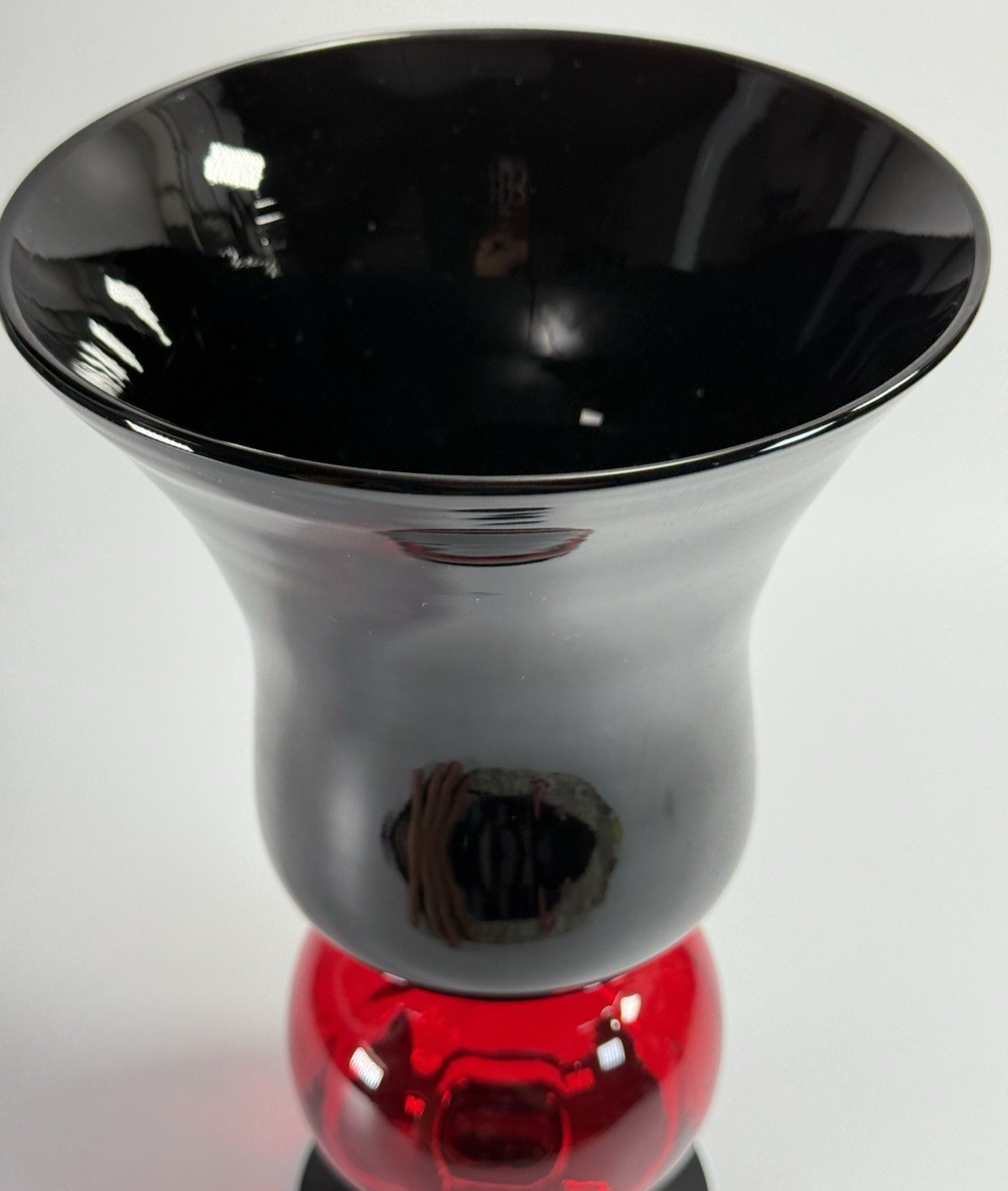 Heavy Pretty Black with Red Handblown Vase 10 1/2″ Tall