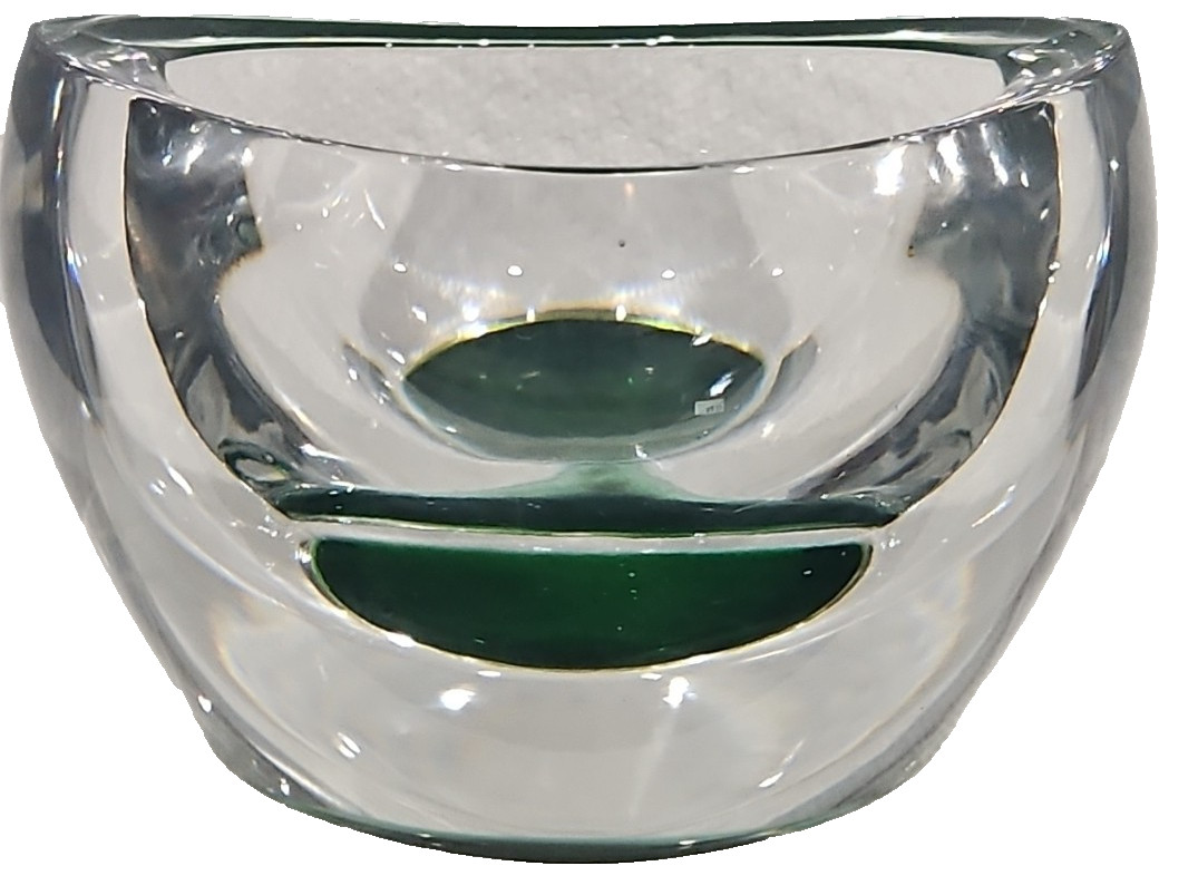 Vintage Murano Style Sommerso Hand Blown Heavy Glass Emerald Green & Clear Bowl
