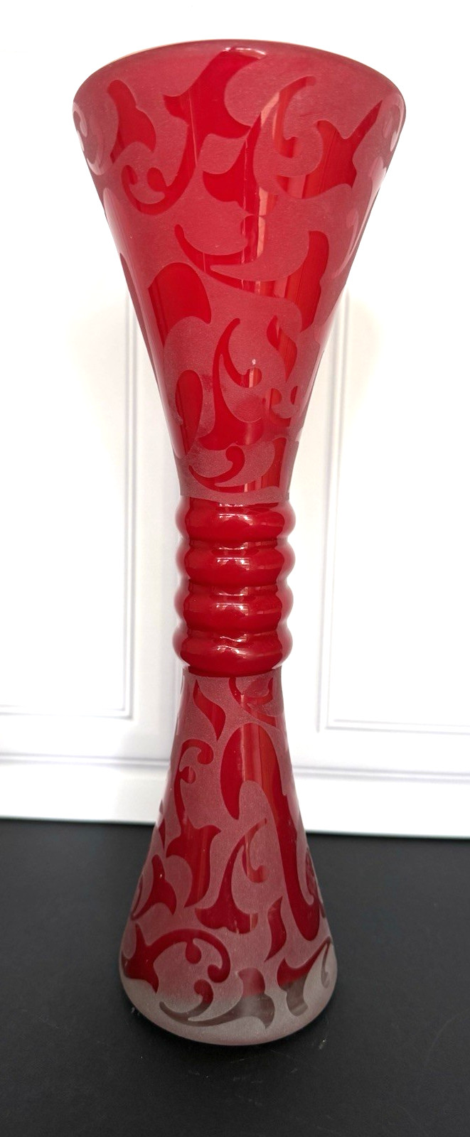 Tall Hand Blown Scrolled Acid-Etched Ruby Red Czech Bohemian Art Glass Vase
