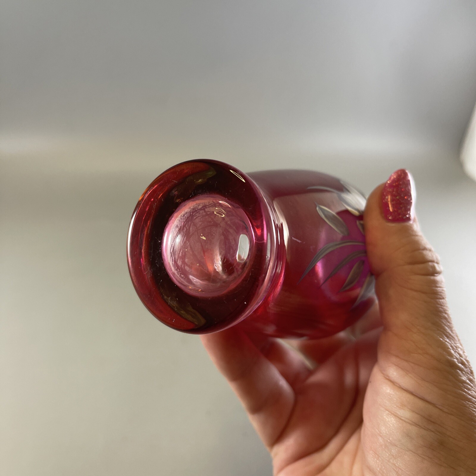Westmoreland Glass Ruby Flash Red Vase Hand Painted Rose 5.5 In. Tall Vintage
