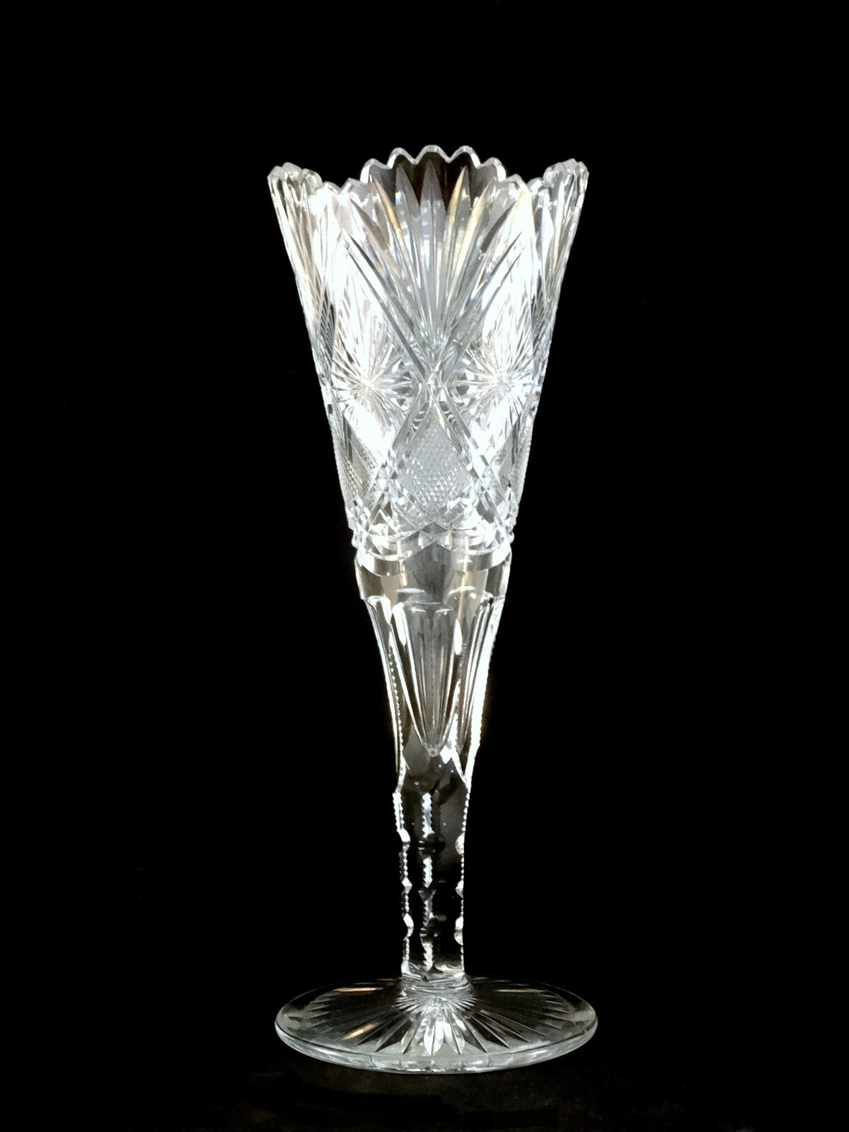 American Brilliant ABP Large 14″ Cut Glass Trumpet Vase Sawtooth Rim