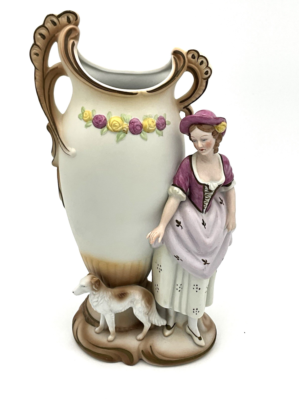 German Bavarian Hand Painted Vase with Woman & Dog Bavaria Made in Germany CICO