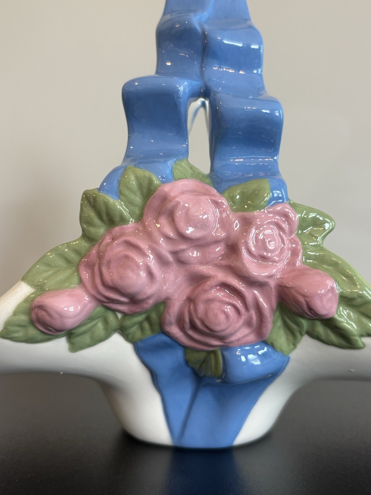 Ceramic Basket Pink Roses Blue Ribbon Handle Vintage 1990 Hand Painted Floral