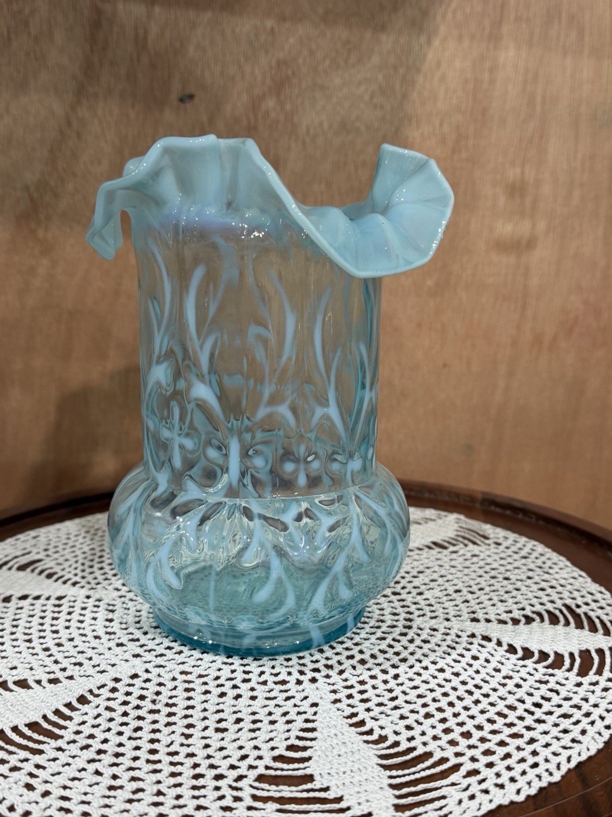 ANTIQUE VICTORIAN NORTHWOOD BLUE OPALESCENT SPANISH LACE CELERY VASE LATE 1800S
