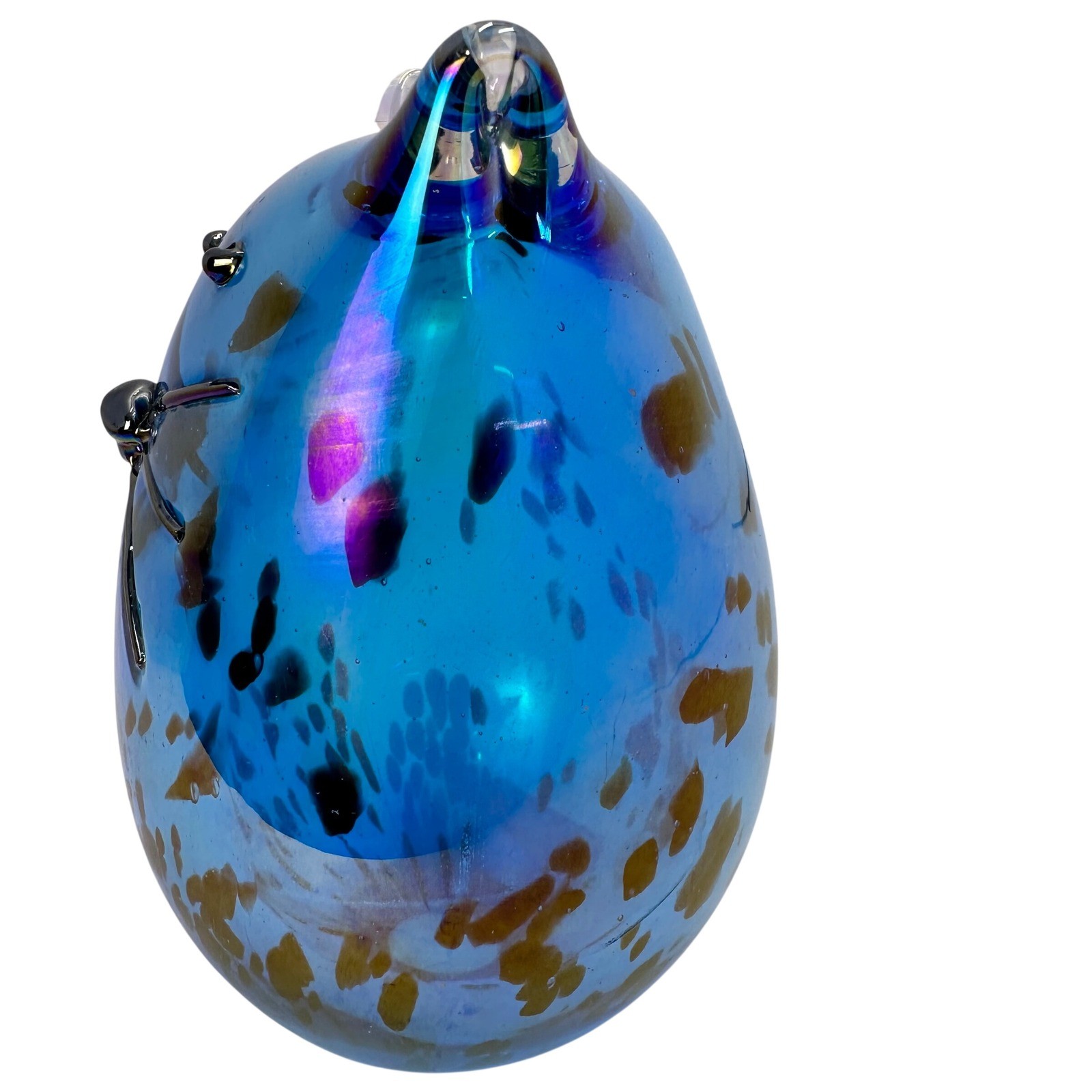 Hand Blown Blue Iridescent Art Glass Cat Figurine Tortoiseshell Speckle Fabrique