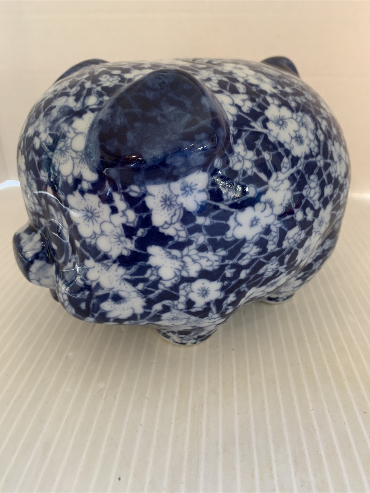 Vintage VICTORIA WARE IRONSTONE Blue White Floral Calico Pattern Piggy Bank EUC